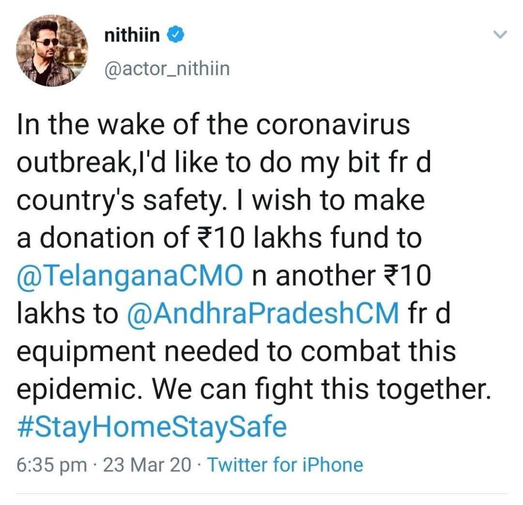 Nithiin Donates 20 Lakhs To Telangana, Andhra Pradesh For Coronavirus Relief1